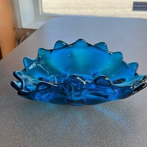 Vintage Viking Glass Blue Double Crimped Edge Folded Bowl Dish